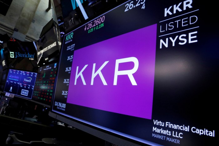 Trading information for KKR is displayed on a screen on the floor of the New York Stock Exchange