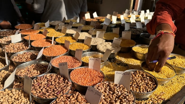 Price tags are seen inside sample bowls of lentils for sale at a wholesale market in Old Delhi on Oct 9, 2023. 
